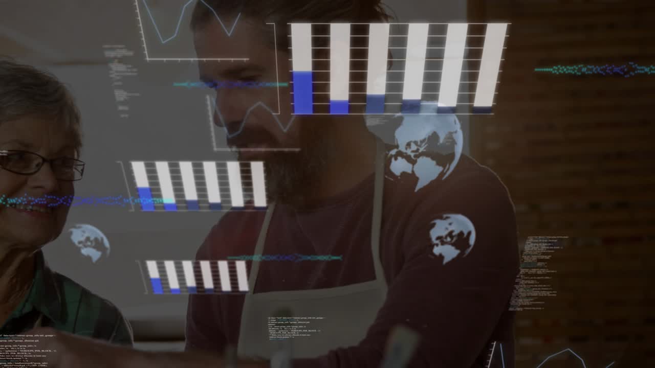 Il figlio posiziona un ingrediente al rubinetto, attivando grafici di tecnologia alimentare in crescita mentre la madre confronta i dati.