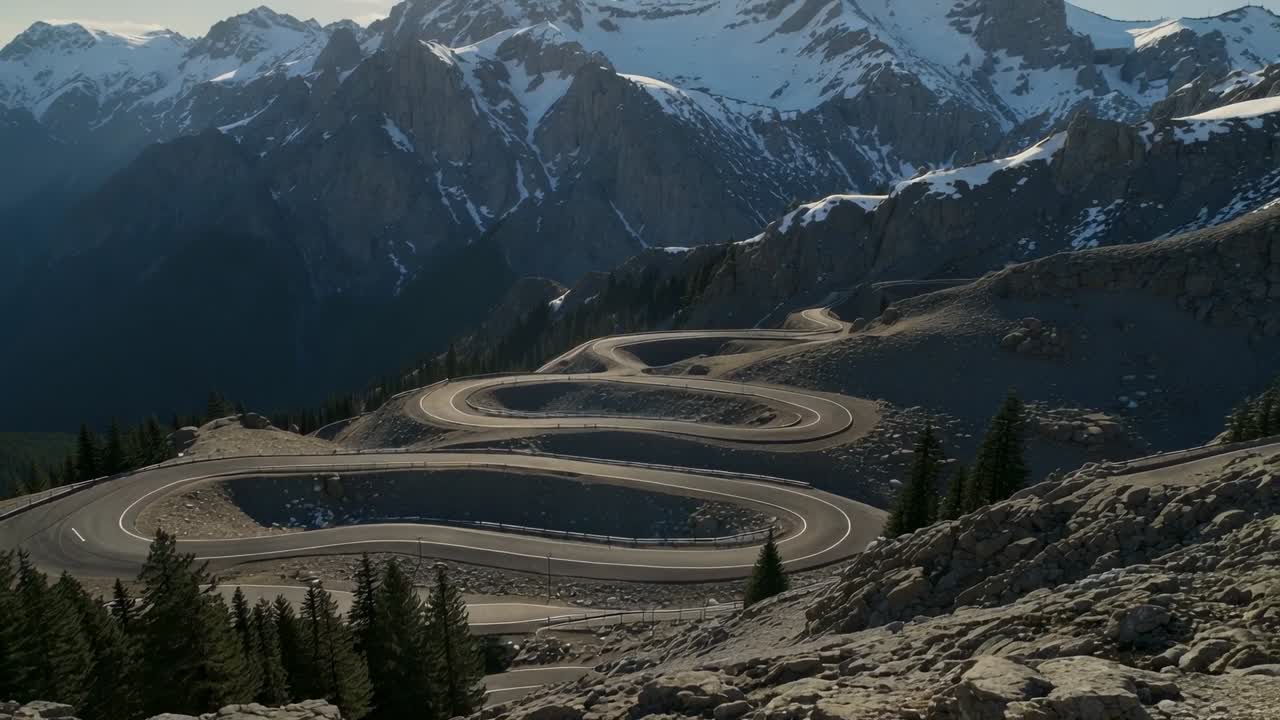 Panning camera revealing winding paved mountain road on high alpine pass, showing snow-dusted peaks