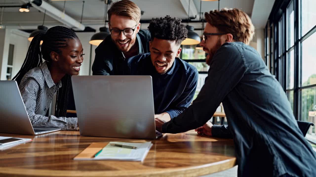 Group of colleagues in a modern office, collaborating around a laptop