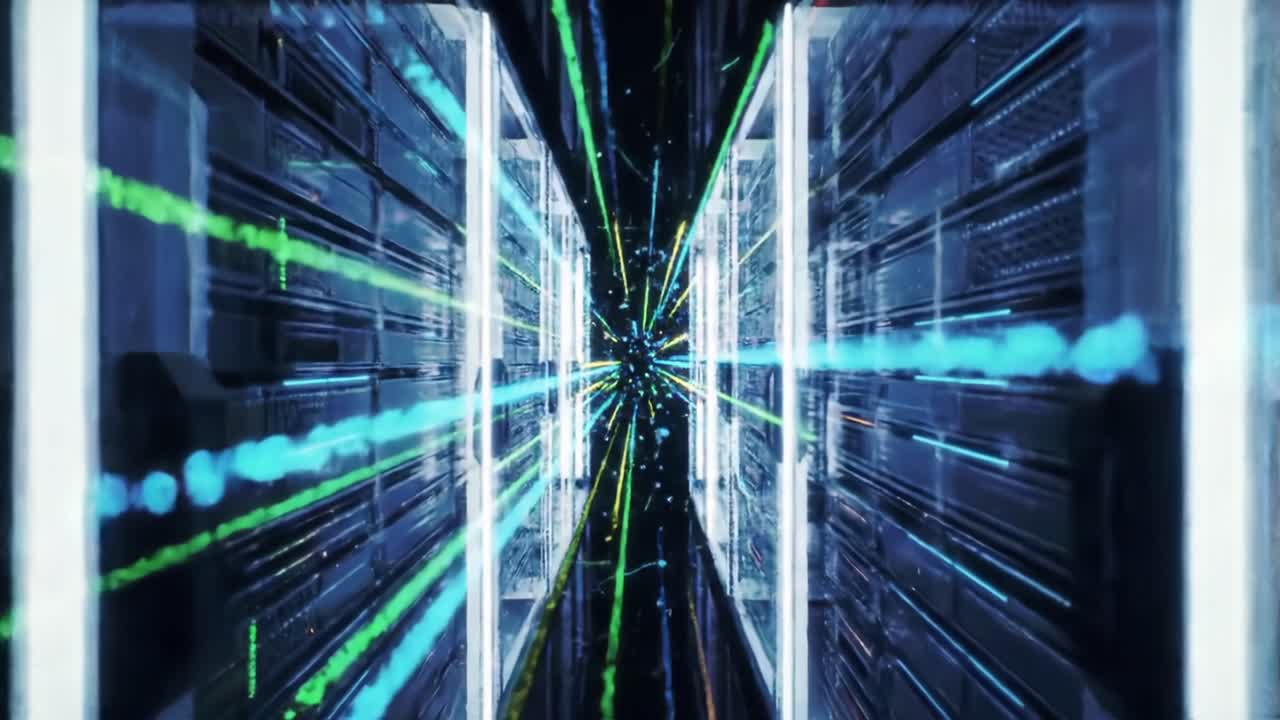 A Futuristic Journey Through a Digital Tunnel: High-Speed Data Streams Illuminating a Virtual Space with Vibrant Colors and Energetic Lines