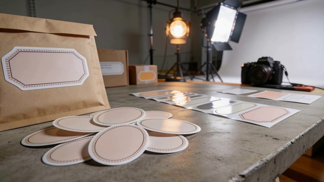 Kameran tarkennus siirtyy oikealle studiopöydän yli, näyttäen etikettejä, arkkeja ja DSLR-valoja etikettien esittelyä varten.