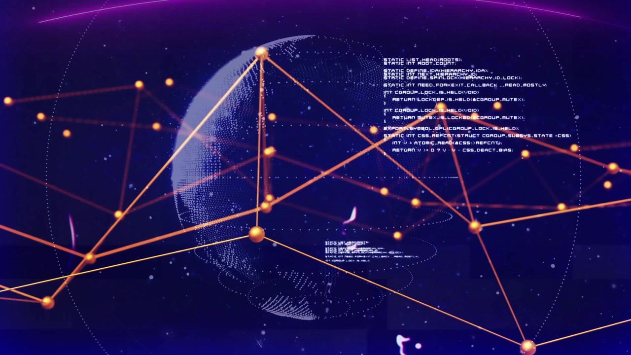 Upon startup globe rotating network lines shifting and code blocks scrolling while visualizing data