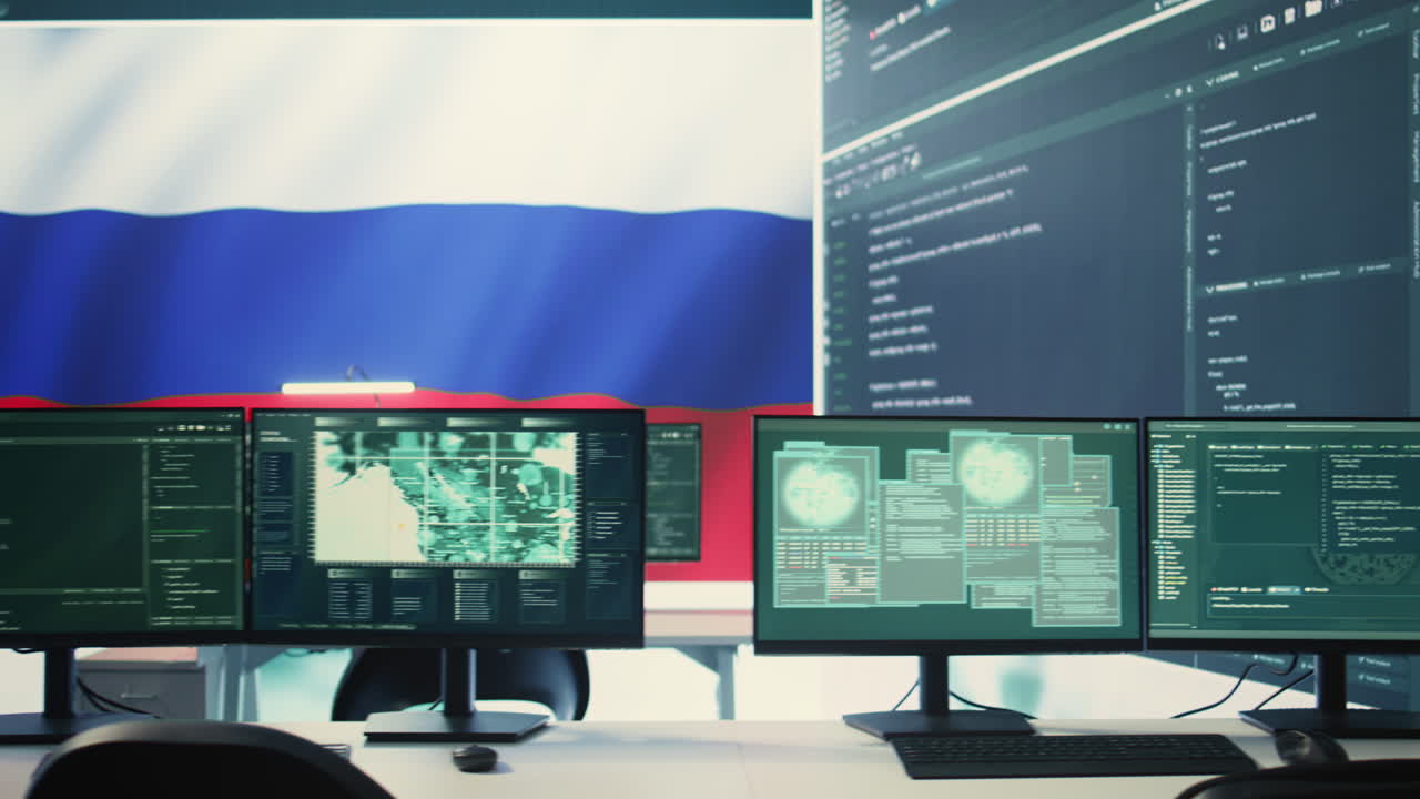 Empty governmental hacking room showing a Russian flag