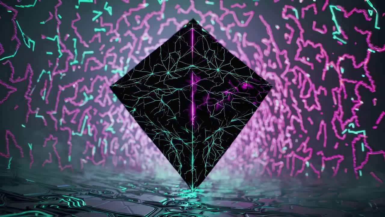 Neon Pyramid in a Reflective Liquid Environment