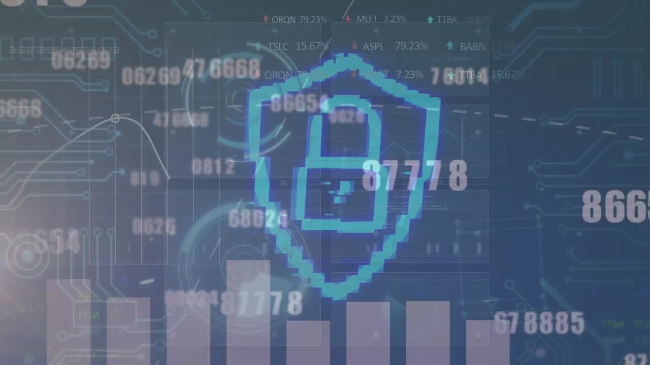 변하는 숫자와 통계 데이터 처리에 대한 보안 락 아이콘의 애니메이션