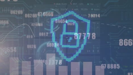 animación del icono del candado de seguridad sobre números cambiantes y procesamiento de datos estadísticos.