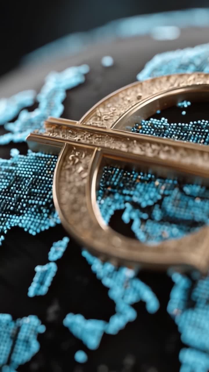 Detaljeret nærbillede af et gyldent eurosymbol over et digitalt verdenskort, der fremhæver globale finansforbindelser og økonomiske interaktioner.