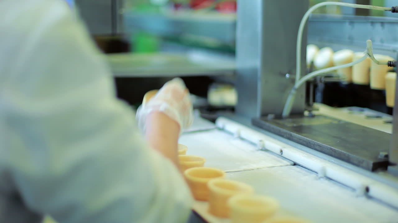 trabajador de fábrica en la línea de producción de helados, fábrica de alimentos, fabricación de alimentos