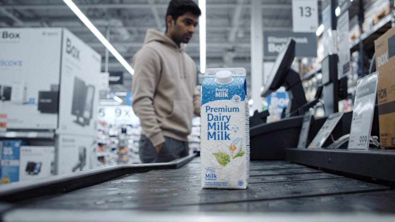 A carton of premium dairy milk standing prominently on the checkout conveyor at a retail store, highlighting the modern shopping experience with technology and convenience.