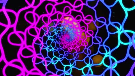 Animation-of-pink-and-blue-spiral-shapes-rotating-over-night-road-traffic