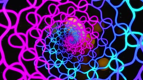 animación de formas espirales rosadas y azules que giran sobre el tráfico vial nocturno