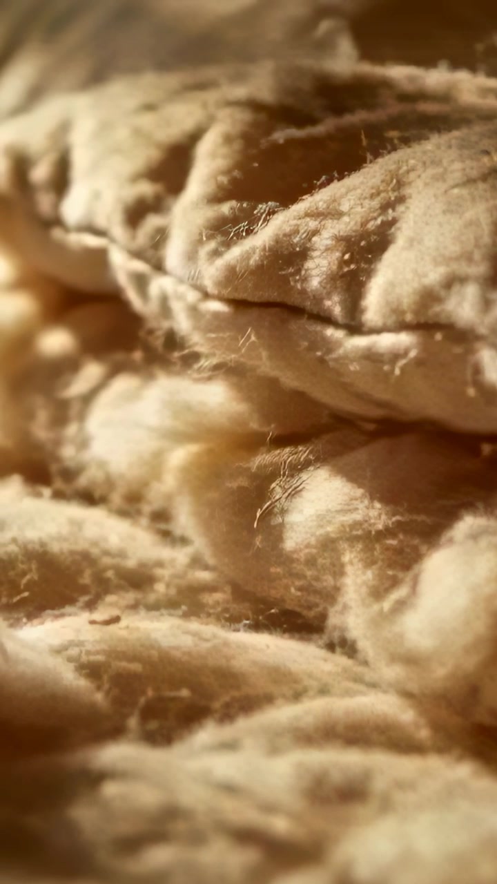Video verticale: Fibre illuminate dal sole catturate, telecamera che panoramica su imbottitura beige che mostra la cucitura, pelucchi in casa.