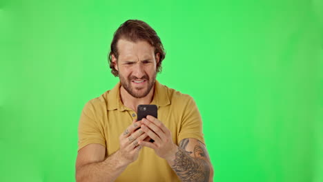 Face,-green-screen-and-man-with-smartphone