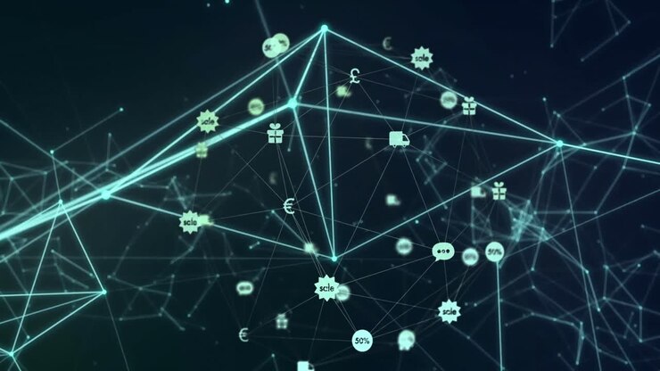 Animation of connected dots and sale, gift, euro sign connected with lines forming globe