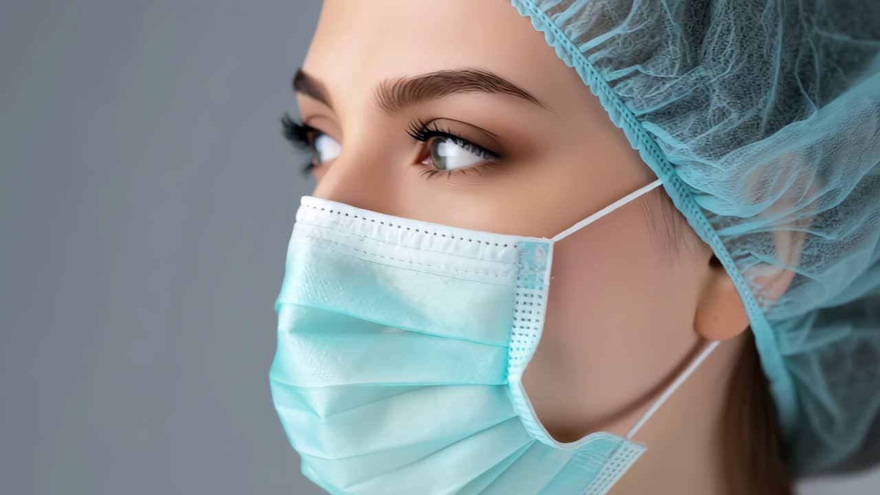 Close up of a female doctor wearing a surgical mask and hair net, radiating professionalism and readiness in a medical environment, highlighting dedication to patient care and safety