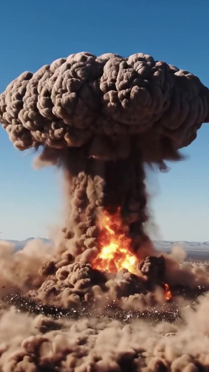 Eine spektakuläre Sequenz einer Explosion, festgehalten in zwei Bildern: anfängliche Zündung, die zu einer massiven Pilzwolke führt, die in der Wüstenlandschaft aufsteigt.