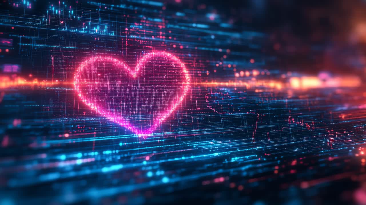 Digital heart glowing in vibrant colors. A glowing heart shape appears amidst a backdrop of colorful digital lines and patterns, showcasing a futuristic design.