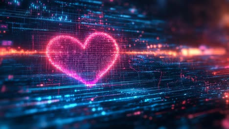 digital heart glowing in vibrant colors. a glowing heart shape appears amidst a backdrop of colorful digital lines and patterns, showcasing a futuristic design.