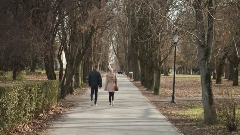 a woman and a man are walking in the park