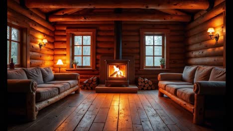 cozy log cabin living room with fireplace