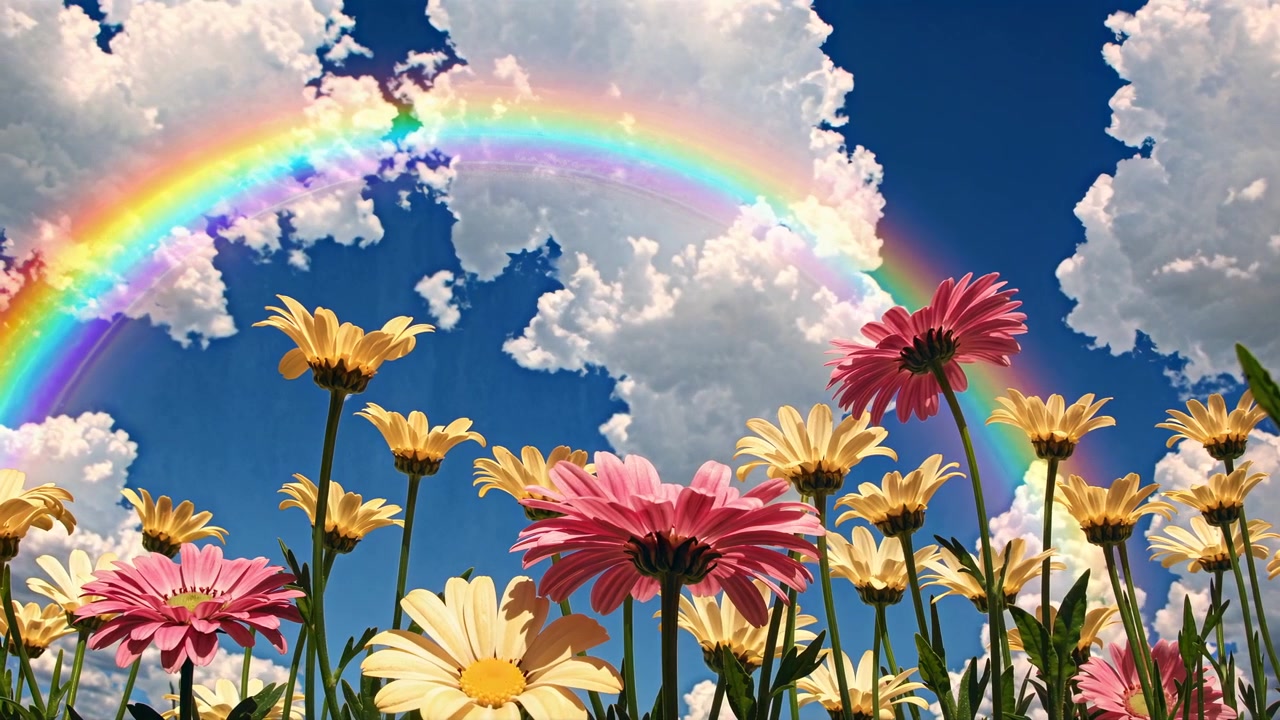 Flores vibrantes bajo un cielo azul brillante con un arcoíris