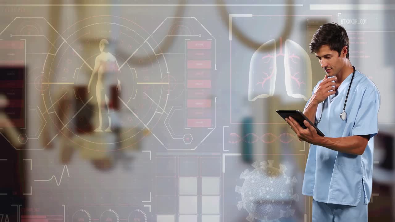 Medical data processing against caucasian male doctor using digital tablet