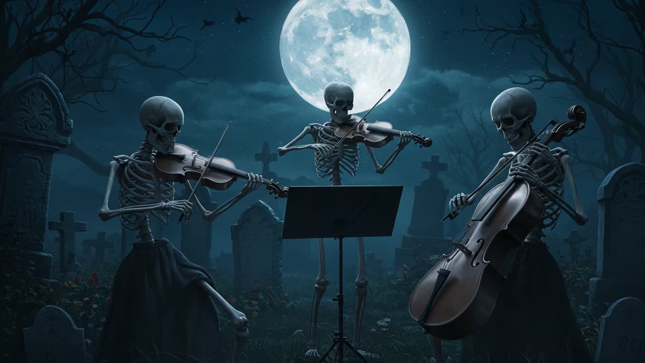 Armonia Inquietante: Tre Musicisti Scheletrici Suonano Sotto la Luna Piena in un Cimitero Incantato, Creando un'Atmosfera di una Bellezza Suggestiva con le Loro Melodie