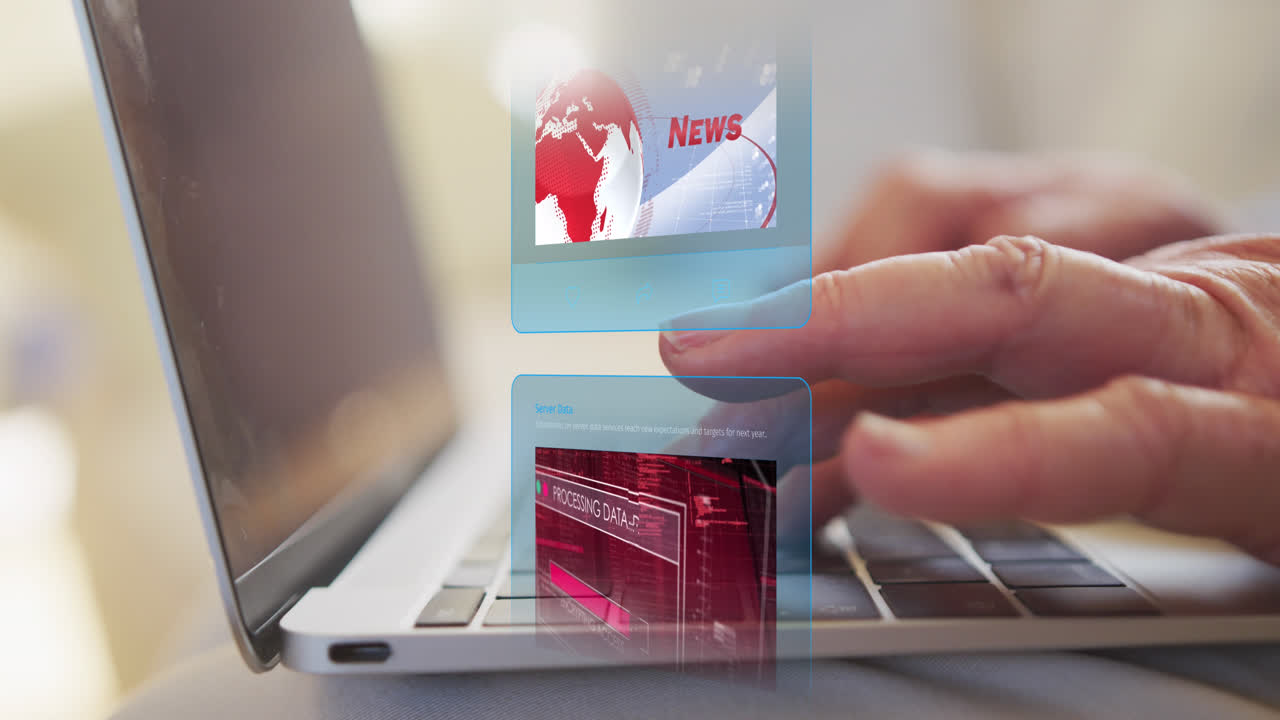 animación de publicaciones en las redes sociales sobre las manos escribiendo la palabra clave.