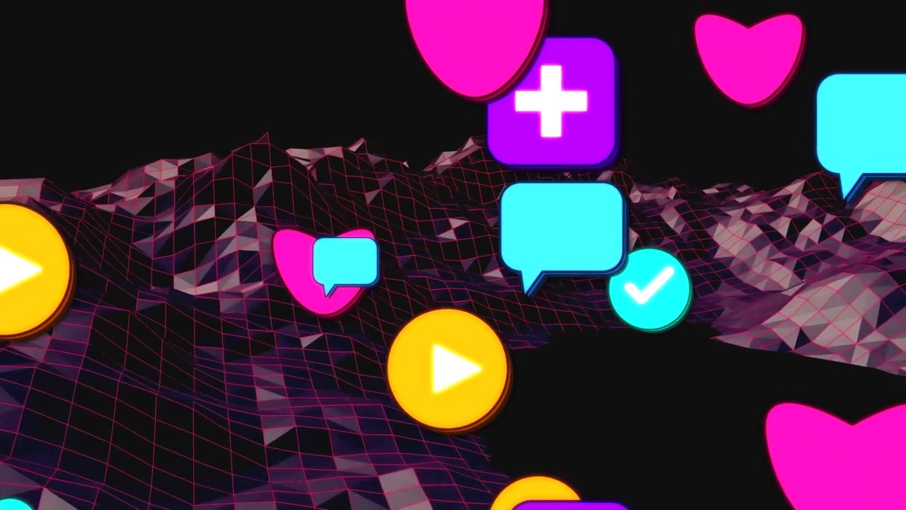 Camera pushing forward starting floating icons popping drifting and grouping to fill neon grid