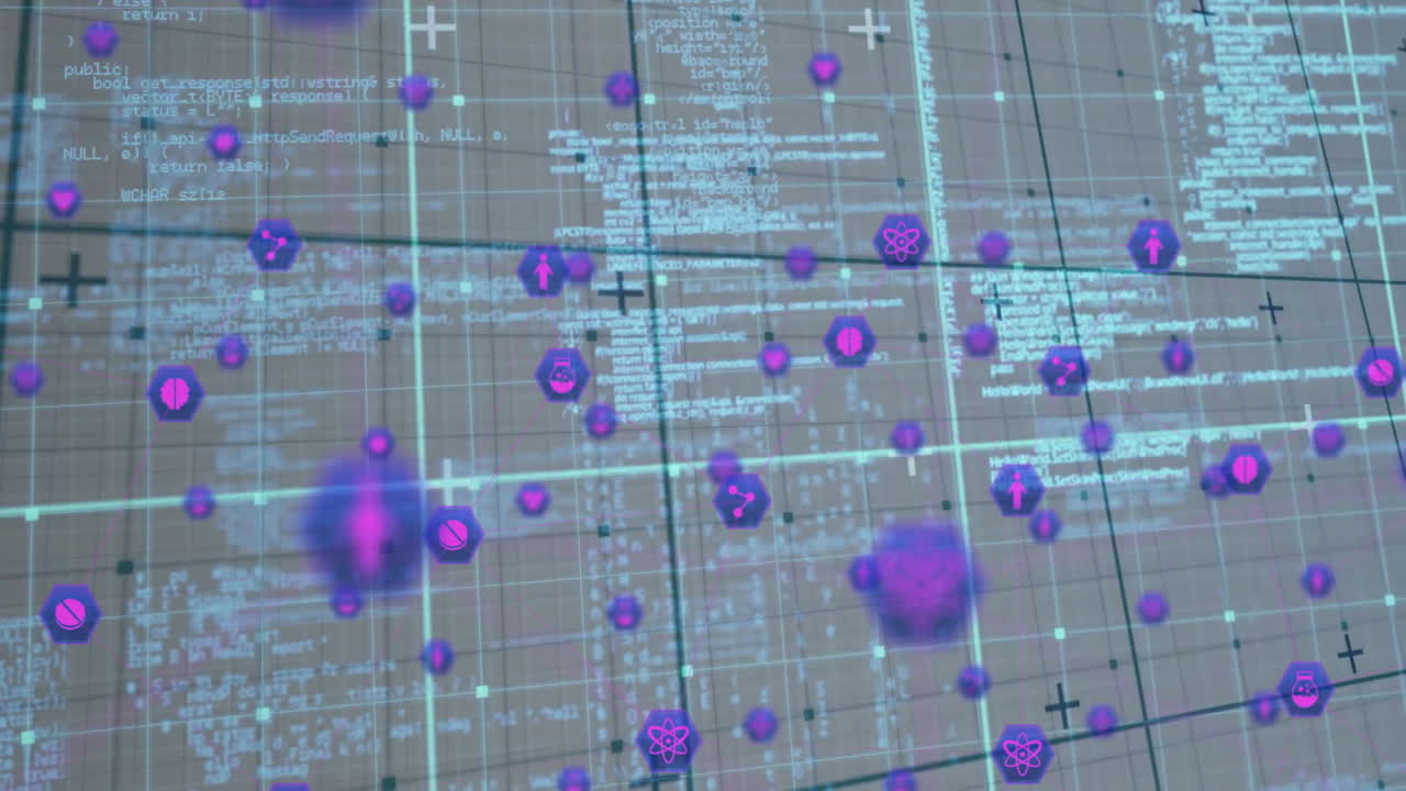Animation of purple particles and coding symbols floating over digital data grid