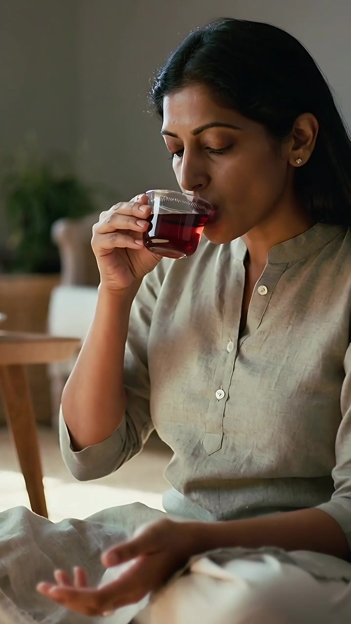 Video verticale: Donna in kurta che solleva una tazza di vetro, inala l'aroma e sorseggia il tè a casa per rilassarsi.