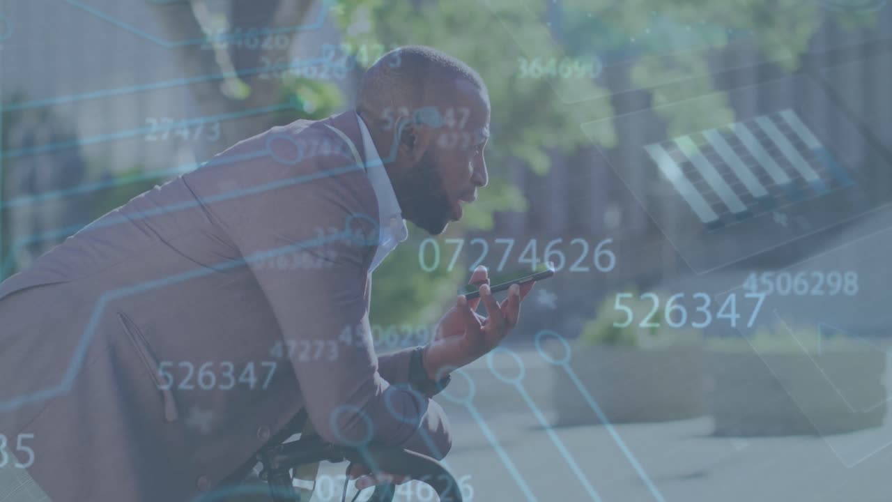 animazione dell'elaborazione dei dati finanziari su un uomo d'affari che utilizza uno smartphone