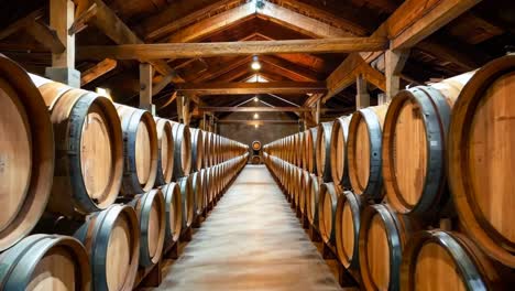 a long row of wooden wine barrels in a wine cellar