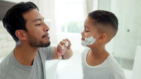 morning, shave and father with son in bathroom