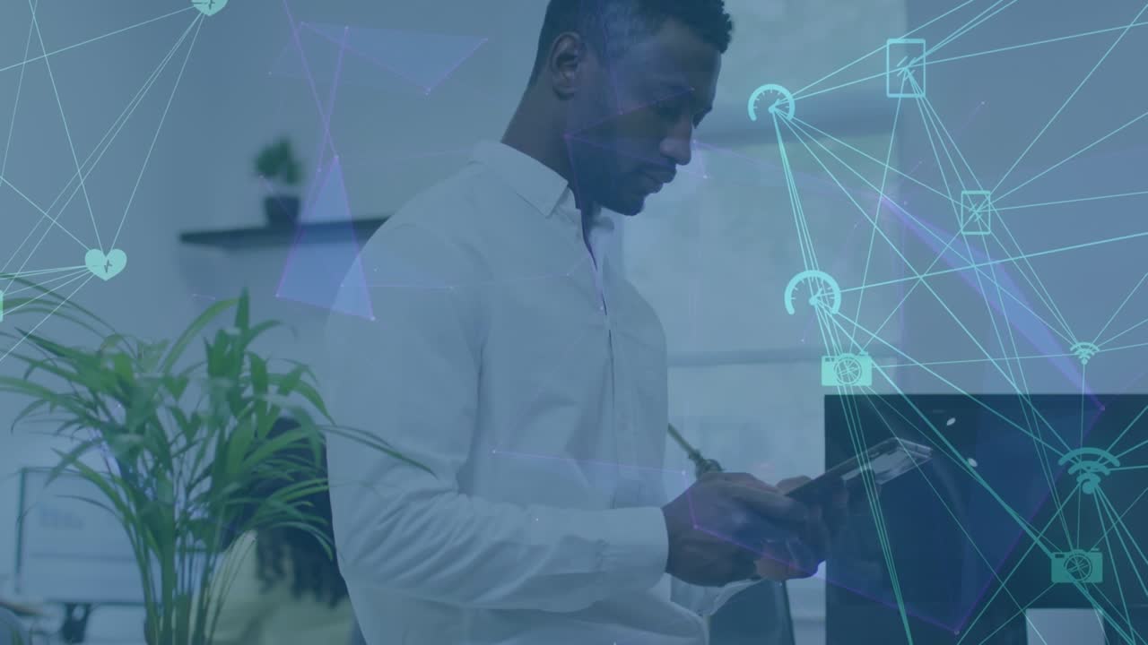 Animation of data processing over african american businessman