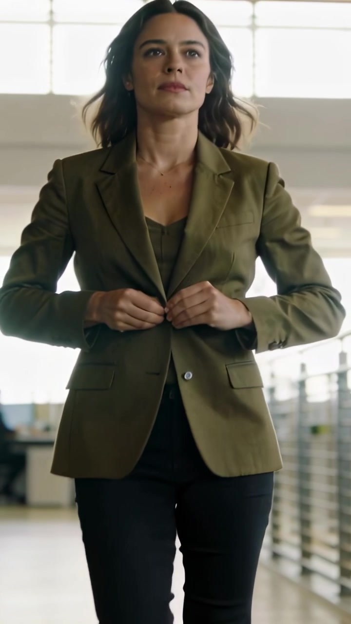 Video verticale: Donna che cammina a passo svelto, abbottonandosi un blazer color oliva in un corridoio d'ufficio, preparandosi per una riunione.