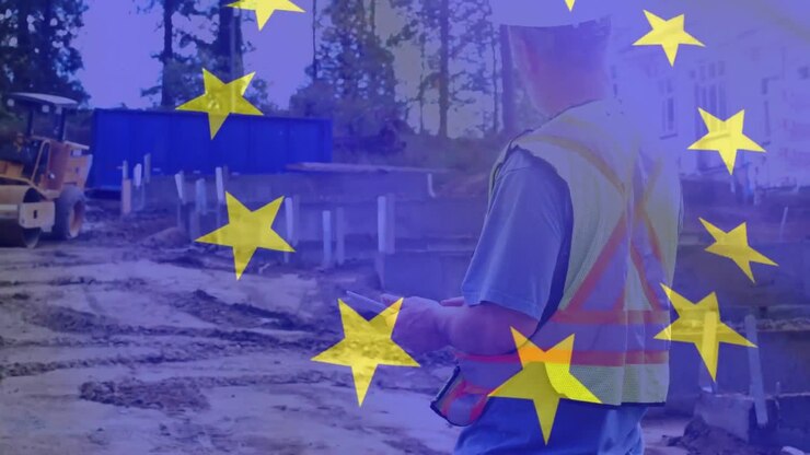 Bandiera europea su operaio edile con tablet