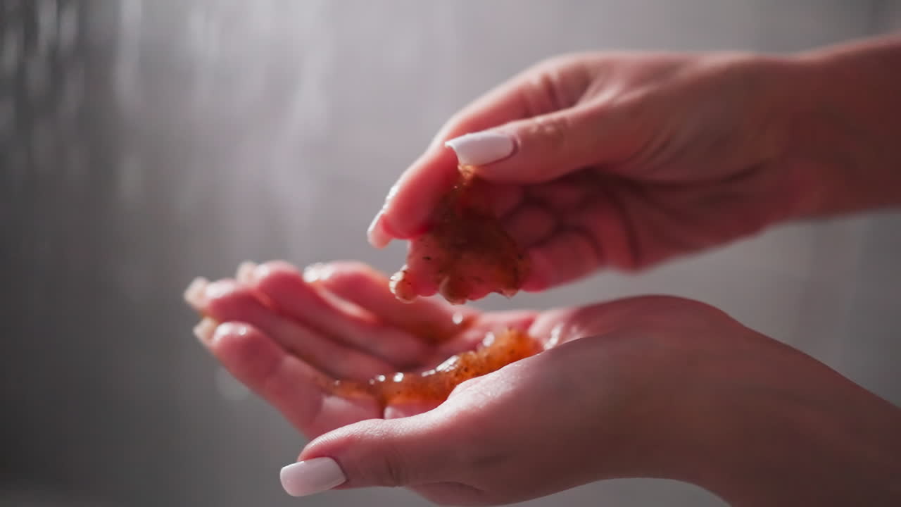 mujer muestra exfoliante en la palma en la cabina de ducha de primer plano. dama sostiene producto cosmético orgánico para la exfoliación de la piel en el baño. cuidado corporal y remedio de spa