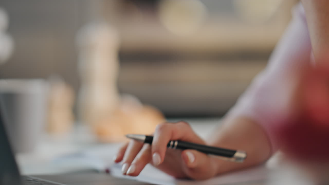 Pensive businesswoman working laptop scrolling on touchpad closeup. Girl student