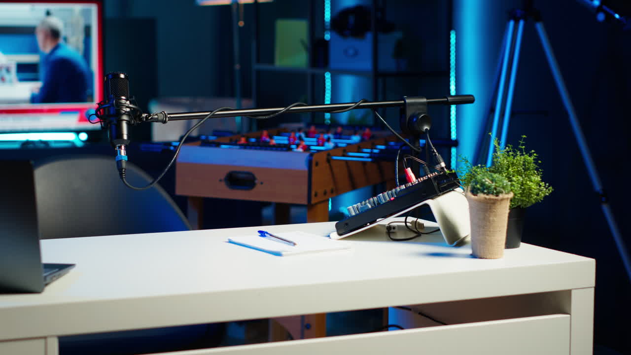 Live broadcasting cozy location in living room with rgb lights