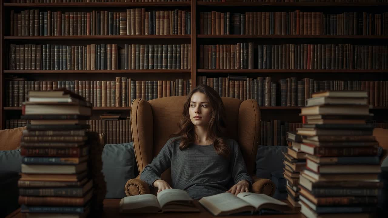Vue de gauche, femme portant un haut gris tournant la tête et se recentrant sur des livres ouverts dans un fauteuil à oreilles