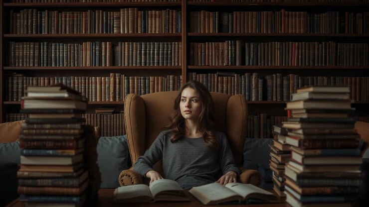 Leggendo a sinistra, donna con top grigio che gira la testa e si concentra di nuovo sui libri aperti sulla poltrona con schienale avvolgente