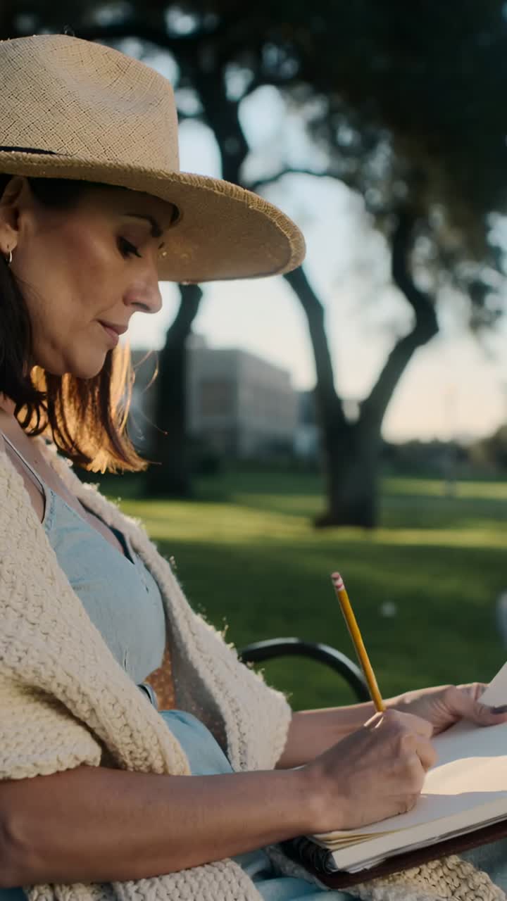 Video verticale: donna con cappello di paglia e cardigan che prende una matita gialla e disegna un parco su un quaderno