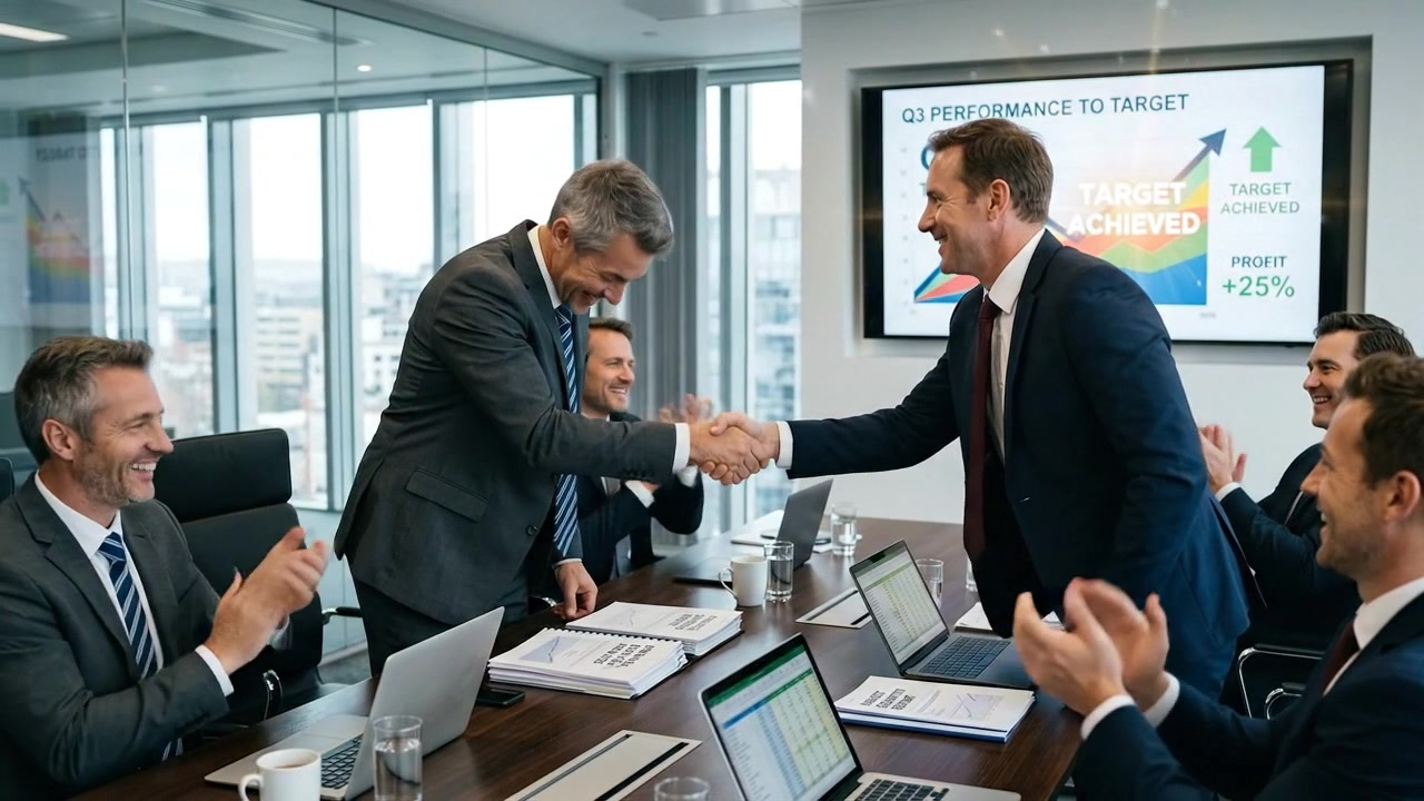 Business Team Celebrating Success with Handshake in Modern Office Meeting