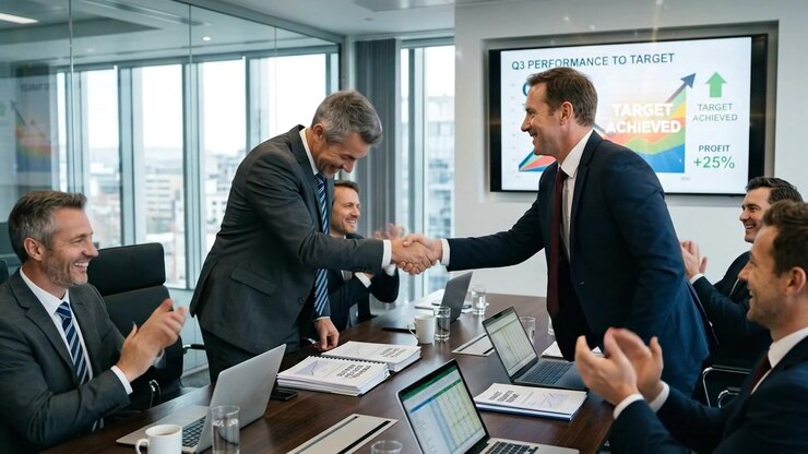 Team aziendale che celebra il successo con una stretta di mano in una riunione in ufficio moderno