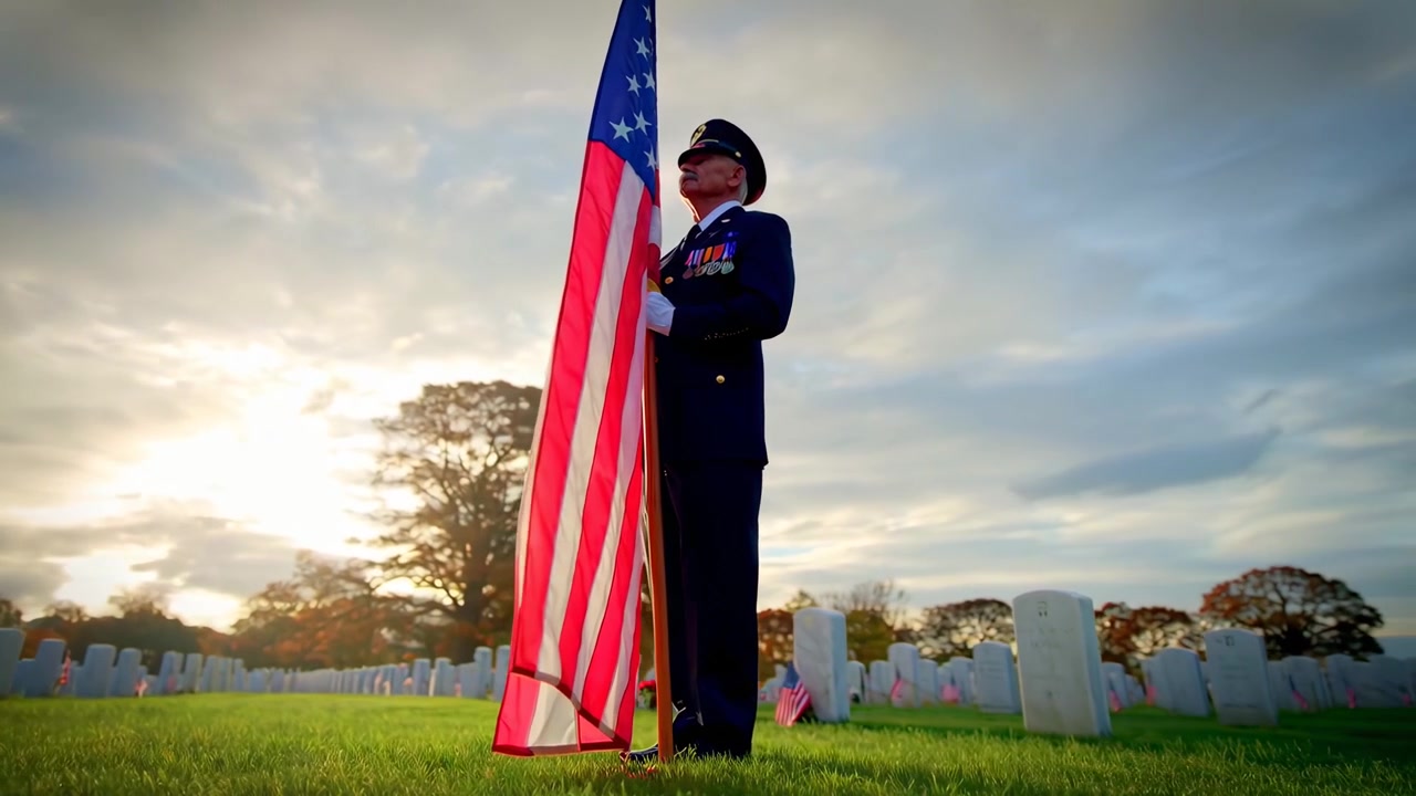 Veterano Segurando a Bandeira Americana em um Cemitério Militar ao Pôr do Sol