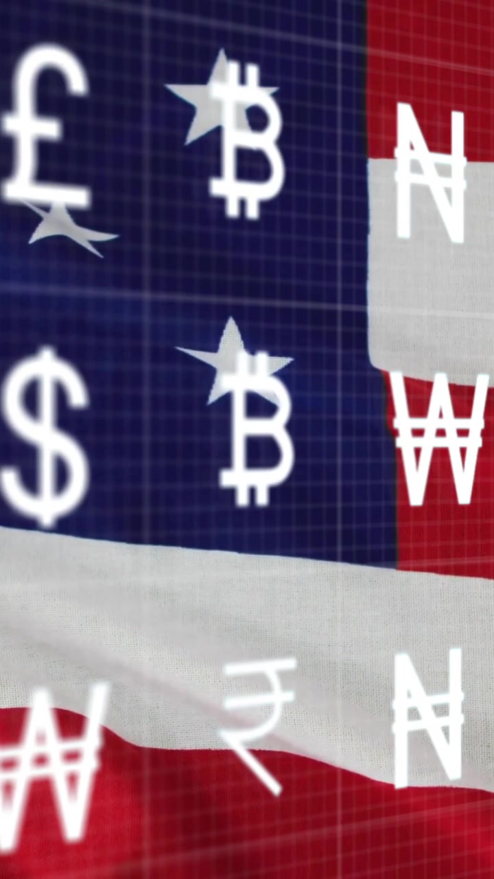 Animazione di simboli di valuta che fluttuano sopra la bandiera americana, a simboleggiare la finanza globale