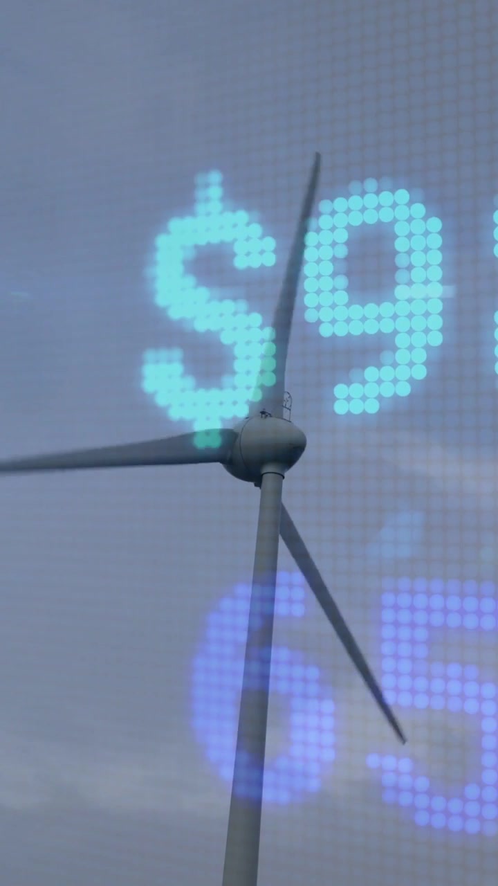 Vertical video: Digits fading in and starting rotor spin while view panning, showing market trends