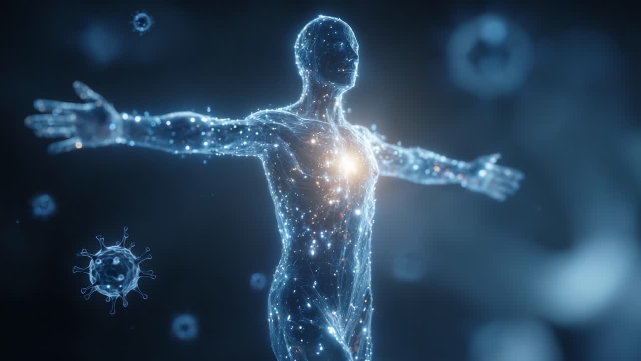 A Spark of Life: An Ethereal Representation of the Human Body Surrounded by Microbial Entities, Showcasing the Interplay of Health, Disease, and Human Resilience in a Digital Realm