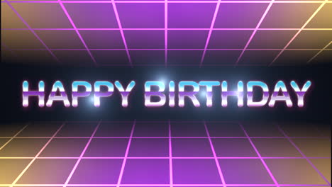 colorful neon birthday message on 80s grid background